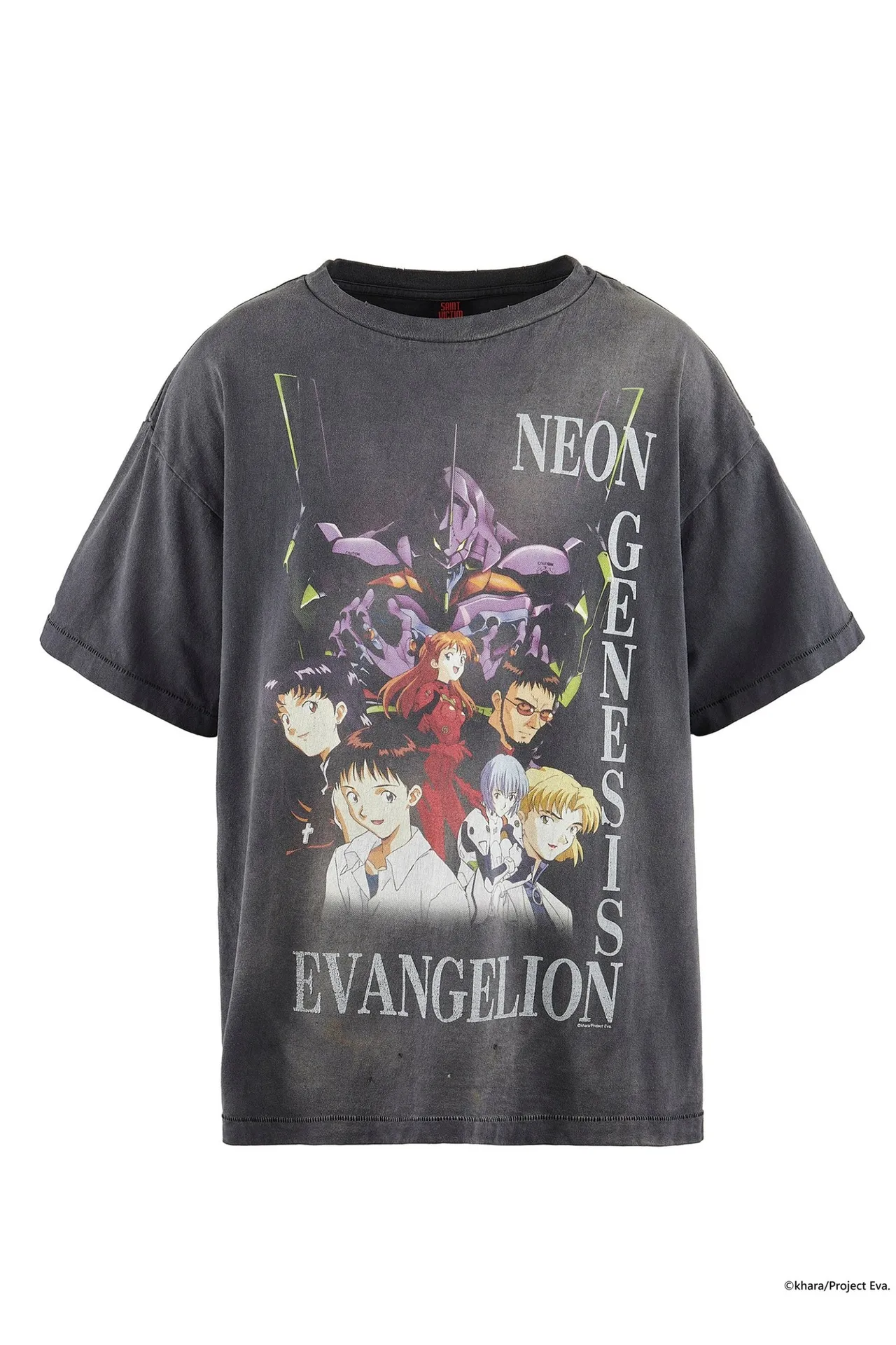 SAINT Mxxxxxx × EVANGELION NEON GNSIS TEE/BLK co-branded Neon Genesis Evangelion distressed short-sleeves, washed black S-XL, vintage NEW VINTAGE, top printing technology, garment dyeing, re-washed, distressed, correct co-branded main mark/washing mark